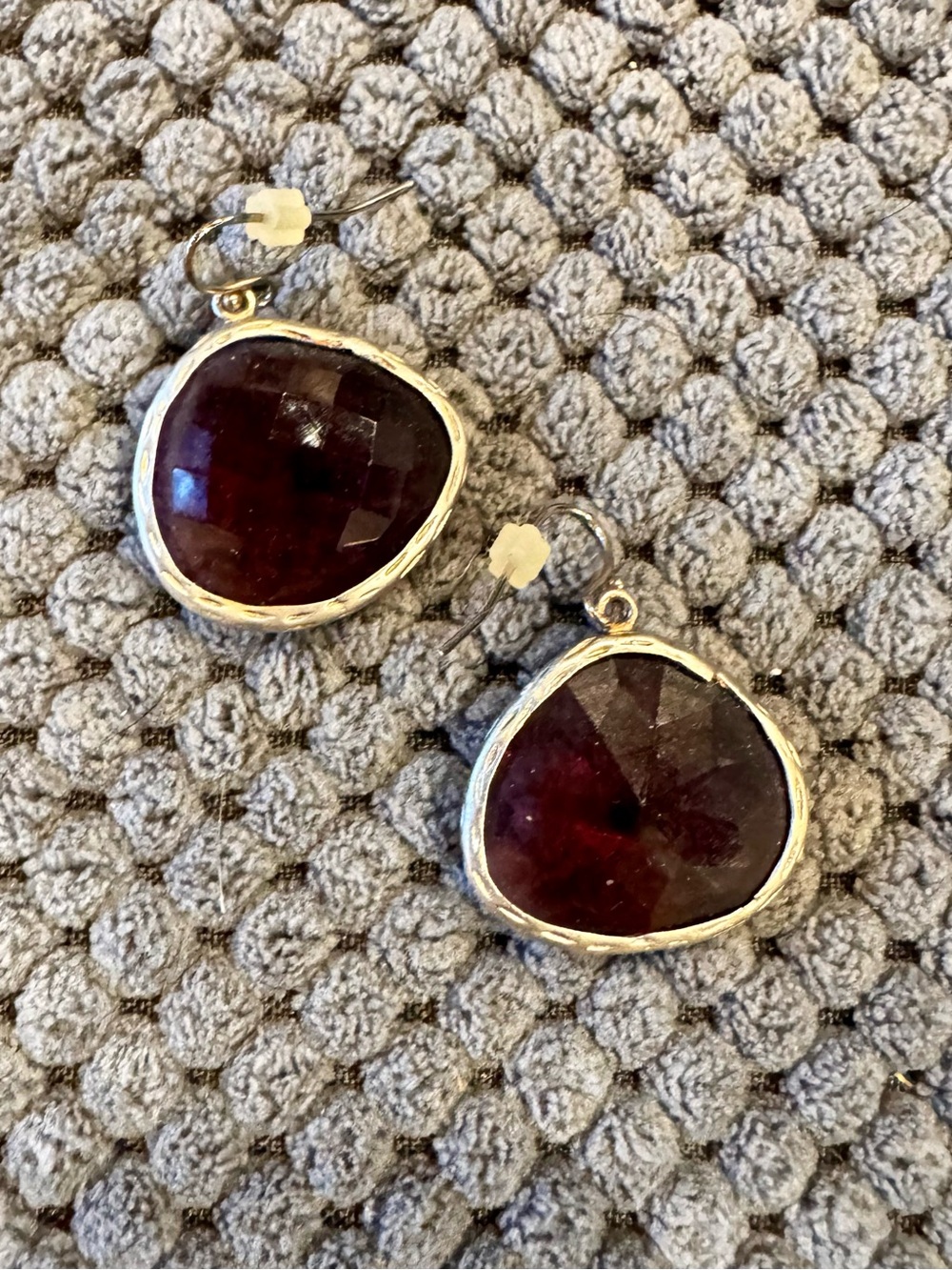 Anthropologie Faceted Deep Burgundy Stone Drop Earrings with Silver Trim